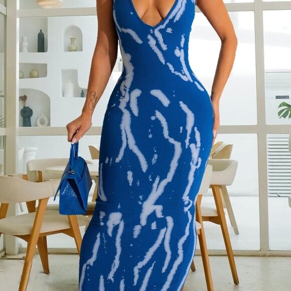 Women's Blue Sleeveless Bodycon Dress Maxi Halter Party Club Casual - Picture 4 of 6